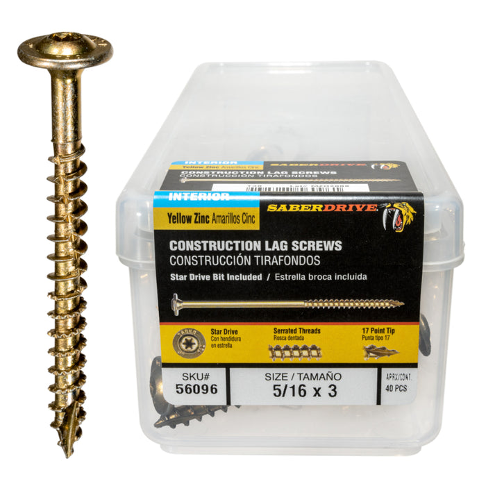 SaberDrive® Yellow Zinc Star Drive Construction Lag Screws